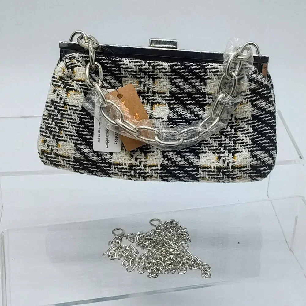 Tweed plaid hard case clutch